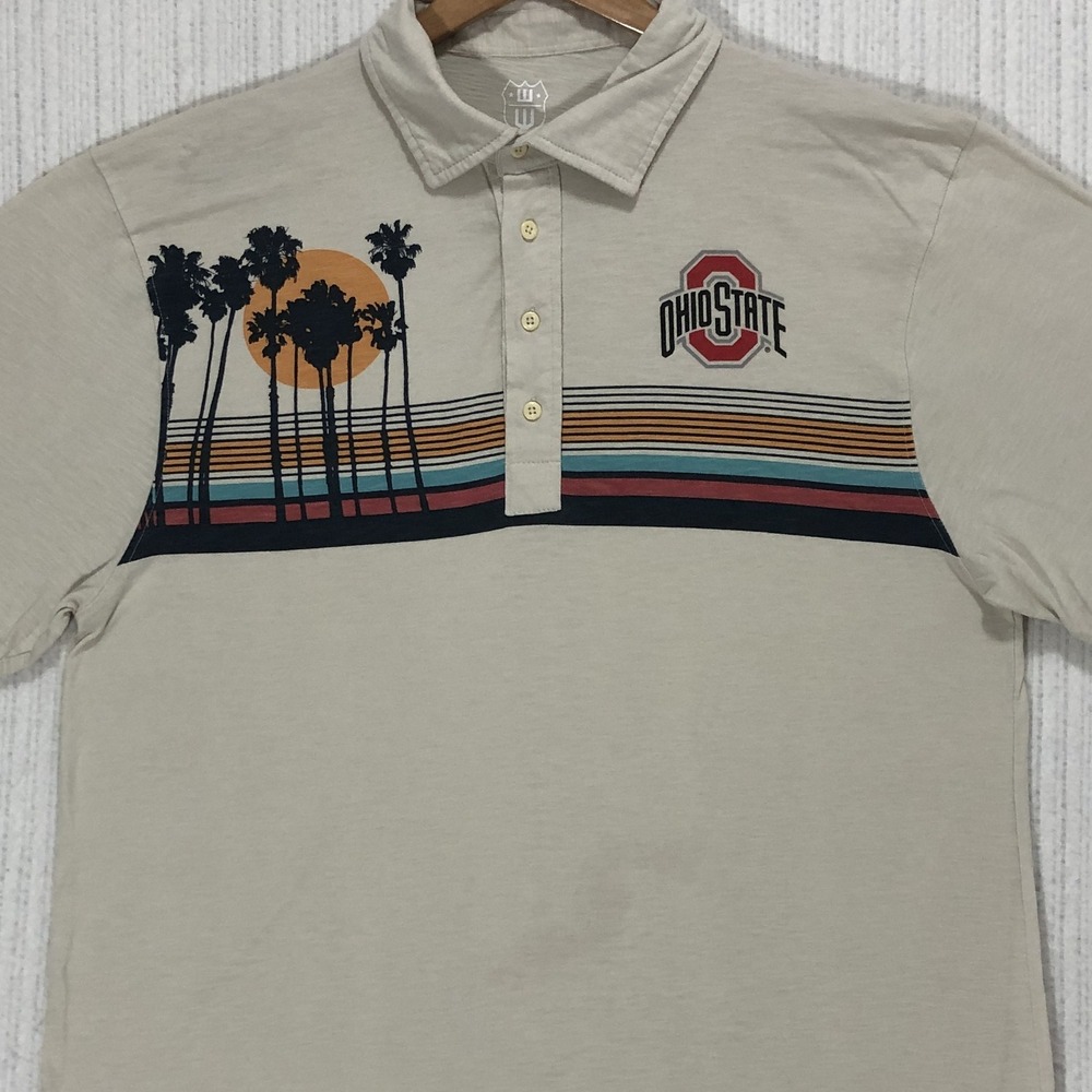 Wes and Willy Ohio State Buckeyes Polo Shirt Beige Tropical Palm Tree Mens XXL
